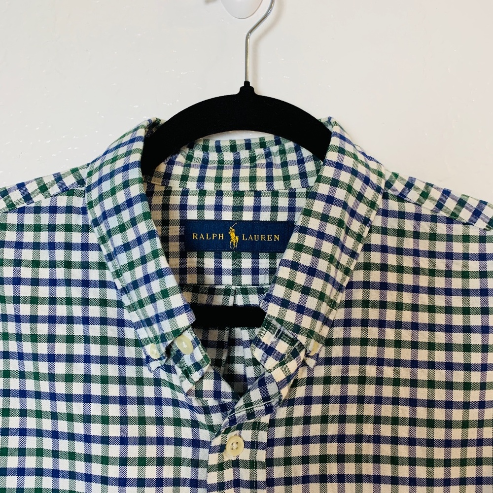 Ralph Lauren Plaid Button Down Shirt Mens Large Blue Green White Checkered Pony - Picture 4 of 15